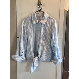 Reformation Blue White Stripe Linen Blend Cropped Tie Front Shirt Size S‎